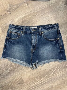 Free People Distressed Dark Blue Denim Cutoff Shorts Button Fly Size 28